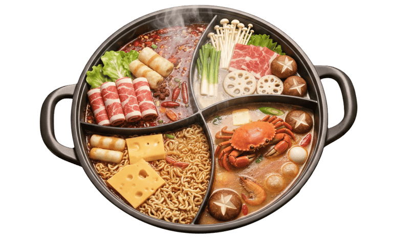 Vibrant overhead view of bubbling hotpots with fresh meats, vegetables, and dipping sauces on a dining table.