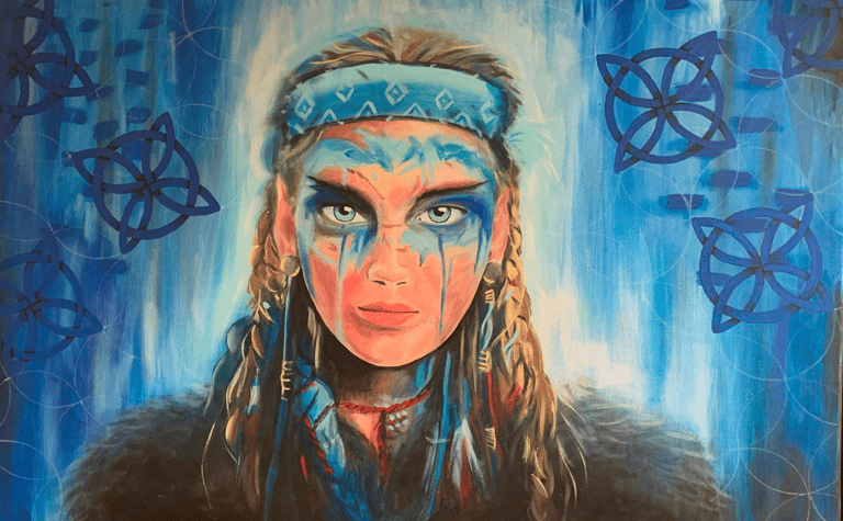a painting of a nordic woman with a blue face paint