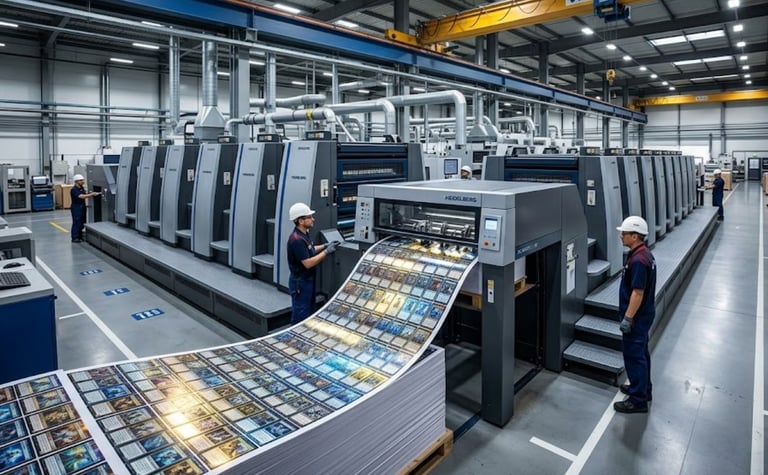 Heidelberg offset printing press manufacturing cold foil TCG cards.