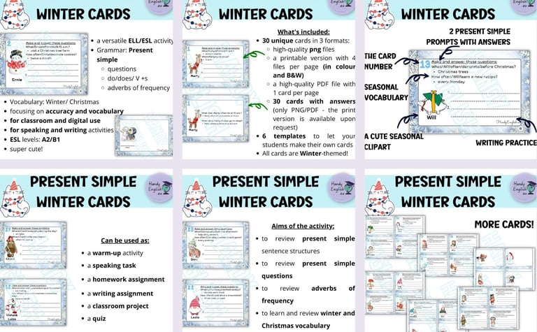 Winter Christmas Present Simple questions and adverbs of frequency task cards