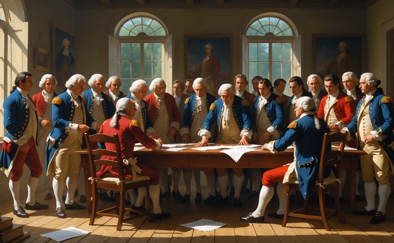 painting of a group of patriots looking over important documents