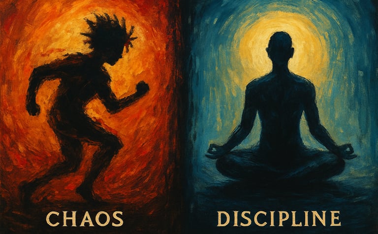 An artistic rendition showing two figures depicting chaos versus discipline.