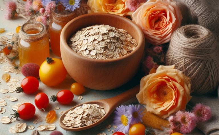 a bowl of oats and flowers
