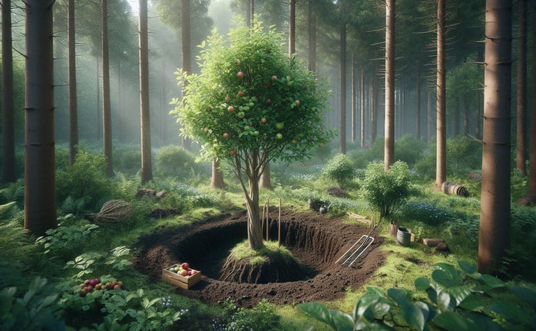 a fruit tree being planted in some woods