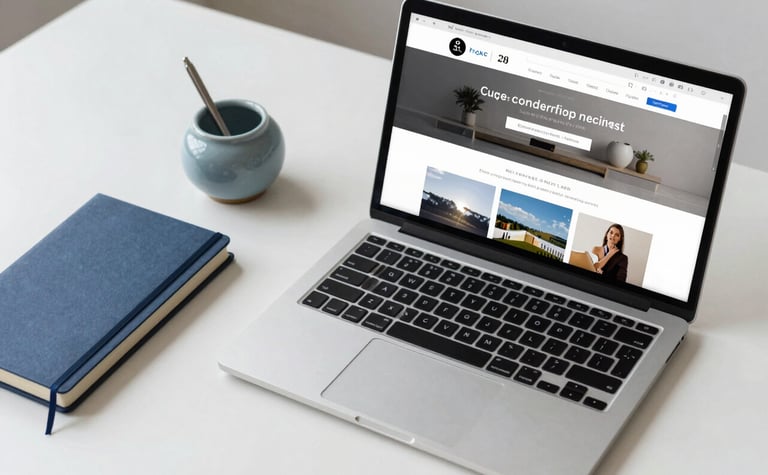 A crisp, high-angle shot of a sleek laptop on a clean white desk showing a modern website design. Beside it sits a slate blue notebook and a minimalist dusty steel blue ceramic pen holder.