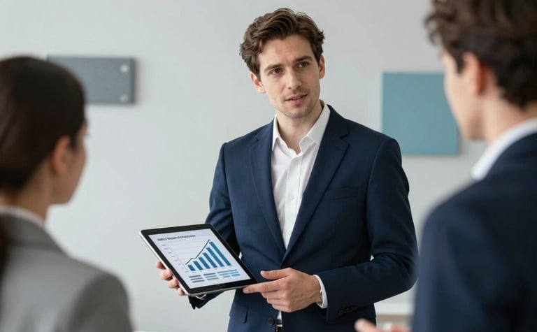 A professional office setting where a digital consultant in a deep navy blue suit is presenting growth metrics on a tablet to a local business owner. The background is a bright, modern studio with pale mist gray walls and dusty steel blue decorative accents.