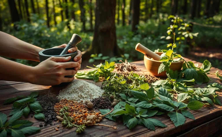 various herbs on wooden board, person holding mortar and pestle