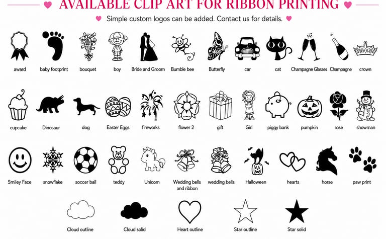 Selection of custom clip art icons for personalized ribbon printing, featuring diverse symbols like hearts, stars, and