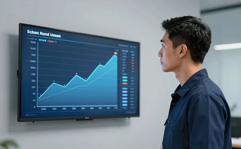 An empowering photograph of a local service professional looking confidently at a dashboard of rising lead graphs on a wall-mounted screen. The lighting is sophisticated, with deep navy blue and pale mist gray tones throughout the room.