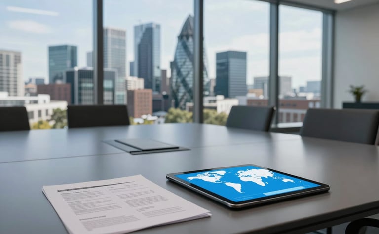 A wide shot of a contemporary board room with a view of a modern European city skyline. On the table, there are documents and a tablet showing a world map. The atmosphere is professional and global, featuring accents in ocean blue and slate gray.