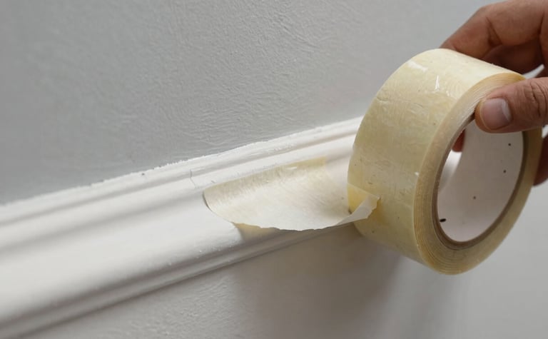 Macro close-up of a hand peeling crisp masking tape from a slate grey wall, revealing a laser-straight, flawless white trim line under bright, natural daylight.