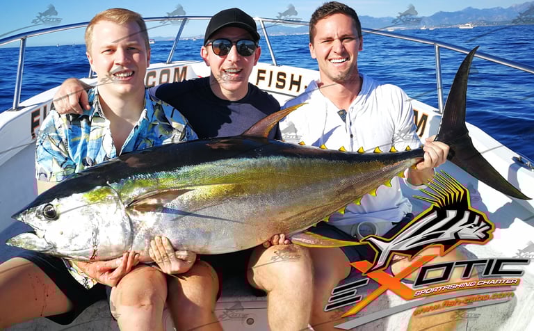 three men sitting on a boat with a big fish