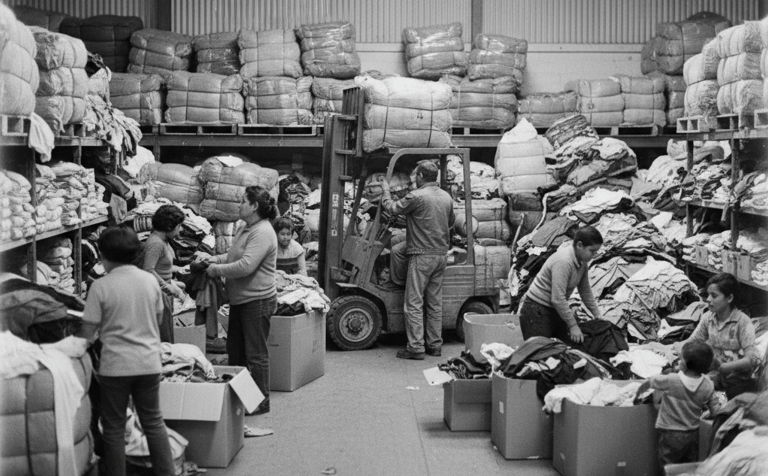 Familia Ugadel en una bodega de ropa americana en Costa Rica
