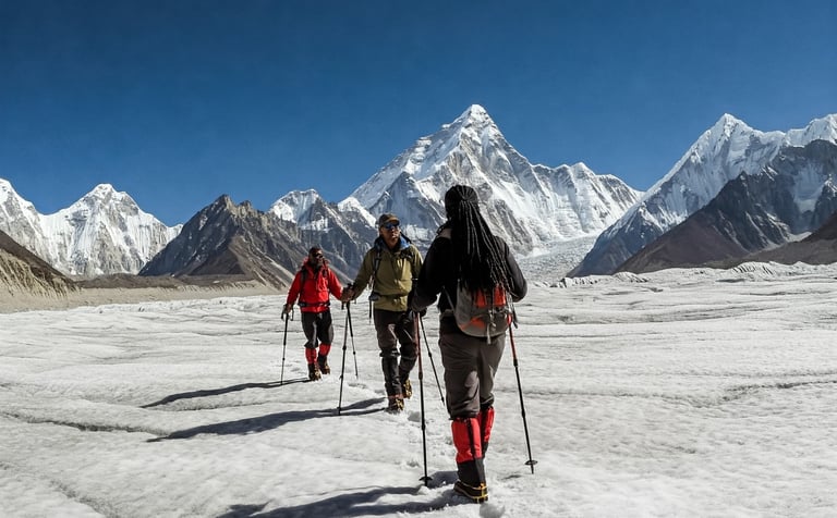 a group of people walking across a snow covered valley towards Ansoo Lake
