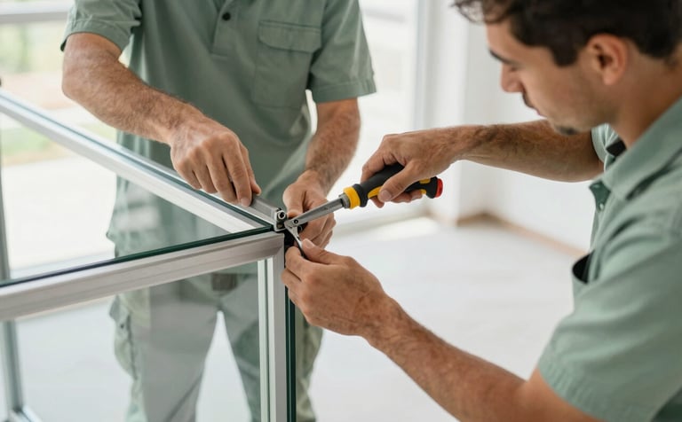 Action shot of professional installers wearing muted sage green uniforms carefully fitting a large glass frame. The scene is bright and highlights meticulous precision, focusing on the tools and technical adjustment.