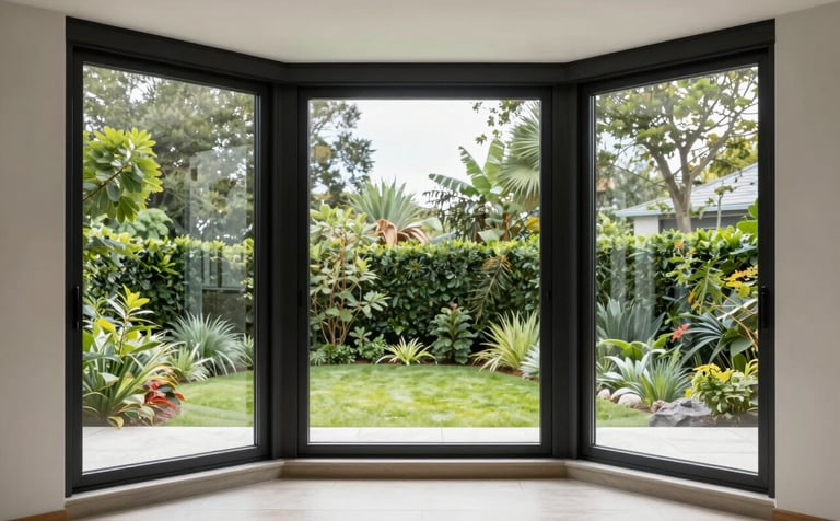 A high-end architectural photograph of large contemporary bay windows with deep black aluminum frames. The shot is taken from a bright interior looking out onto a lush green garden. The lighting is crisp and natural, highlighting the clean lines and professional finish.