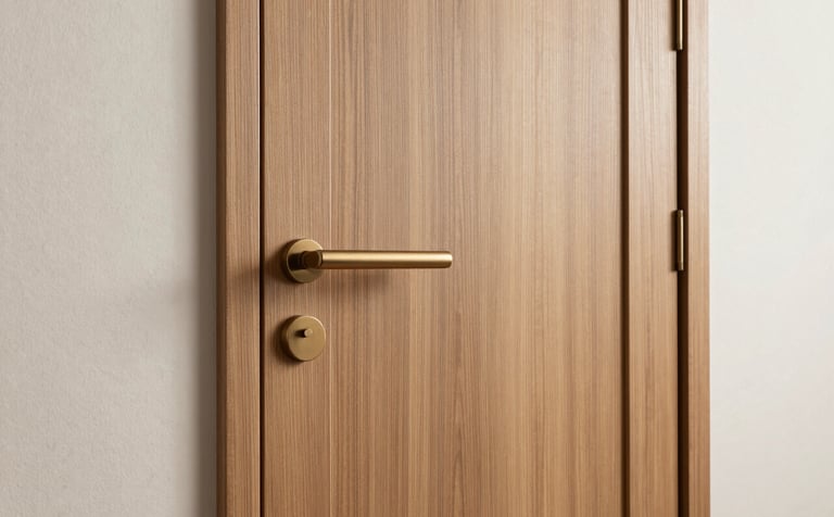A premium entrance door made of natural warm wood with vertical grain patterns. It features a long, minimalist bronze handle and is set against a soft off-white textured wall. The composition is clean and focuses on the craftsmanship and materials.