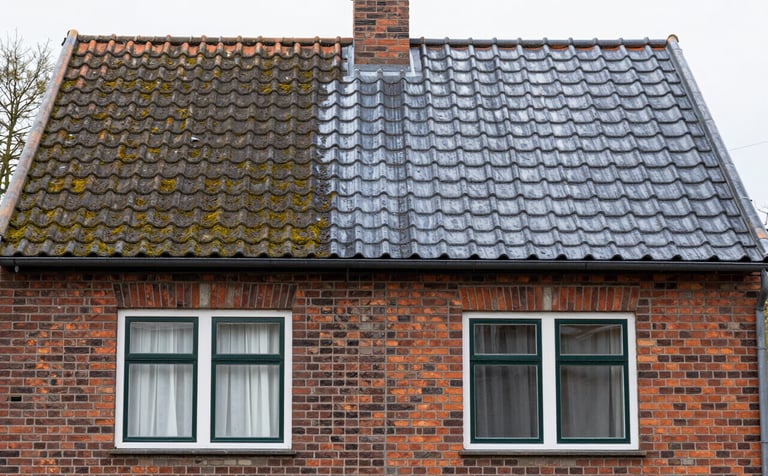 A before-and-after split view of a brick house in the Kempen region. The left side shows mossy, dark bricks and a dirty roof; the right side shows a pristine, steam-cleaned facade and roof. Professional, high-quality lighting.