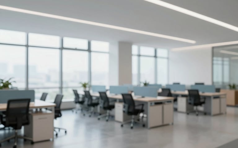A wide-angle interior shot of a modern, clean office space with large windows and polished floors. The atmosphere is professional, hygienic, and bright, with subtle blue accents in the furniture.