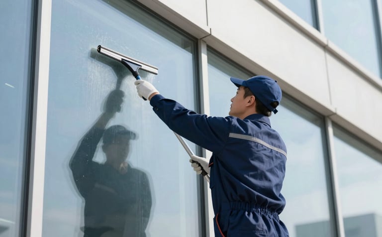 A professional window cleaner in a navy blue uniform using a squeegee on a large modern glass window. Sunlight reflects off the clean surface. The mood is professional and premium, incorporating a light blue and white color palette.