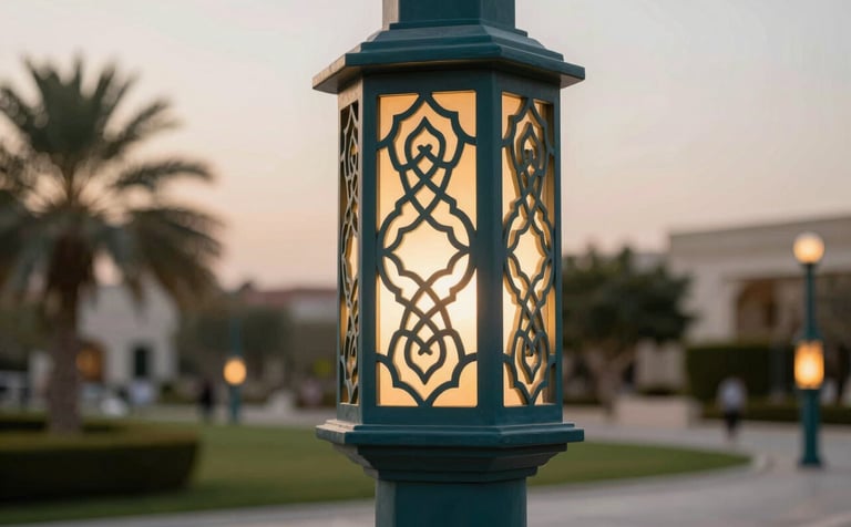 Close-up of a decorative and aesthetic lighting pole with intricate modern design in a Middle Eastern / Gulf luxury park at golden hour. The pole features a dark greenish blue finish, with warm ambient light glowing. Professional architectural photography showcasing craftsmanship.