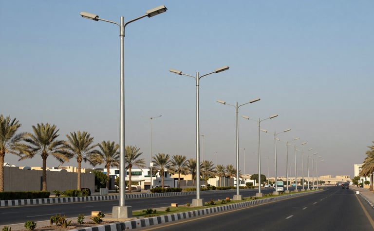 Wide-angle professional shot of high-quality galvanised steel street lighting poles installed along a modern highway in Riyadh. The scene is set in a Middle Eastern / Gulf urban landscape with a clear light blue sky and palm trees in the background. Bright, natural afternoon sunlight emphasizes the smooth metallic finish of the poles.