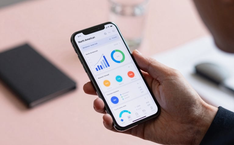 A close-up of a hand in a North American corporate environment holding a sleek smartphone that displays a sophisticated analytics dashboard. The background is a soft-focus office with elegant light pink and thistle tones.