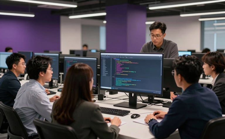 A dynamic North American tech office space where a professional team is gathered around a large monitor reviewing app source code. The atmosphere is professional and innovative, featuring amethyst and deep purple accents in the architecture.