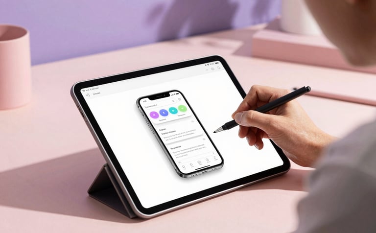 A professional North American designer in a sunlit studio, sketching a sleek mobile app interface on a high-end tablet. The style is modern and clean, with a sophisticated color palette of light pink and thistle purple in the surrounding decor.