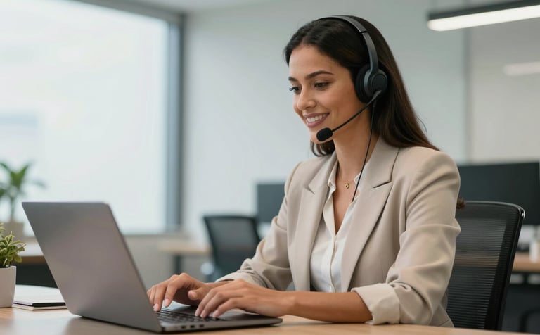 A professional South American woman in a modern Brazilian office setting wearing a sleek, professional headset, smiling while interacting with a laptop. The atmosphere is bright and efficient with soft light blue and off-white office decor.