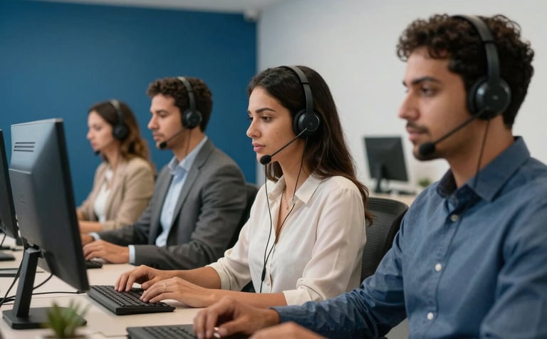 A group of focused Brazilian professionals in a sophisticated and modern call center workspace. The setting features clean lines, medium blue accents on the walls, and high-quality photography showing a productive South American corporate environment.