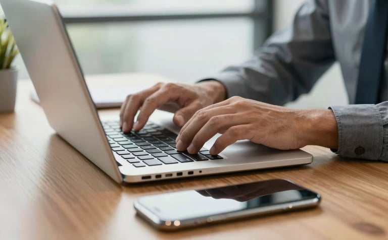 Close-up of professional hands typing on a laptop next to a high-end smartphone on a polished wooden desk in a bright South American office. The scene suggests technical support and data analysis with a professional and clean aesthetic.