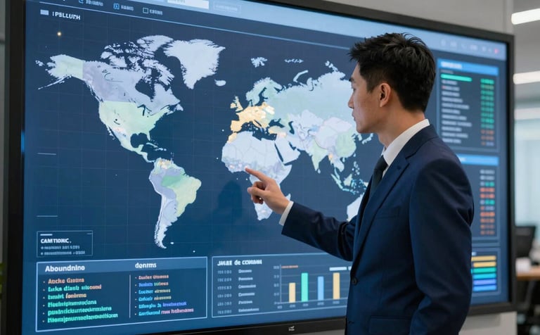 A sophisticated corporate setting featuring a high-end digital screen showing a world map and data points. A professional in a deep navy blue suit is analyzing the data. Atmosphere is serious and authoritative.