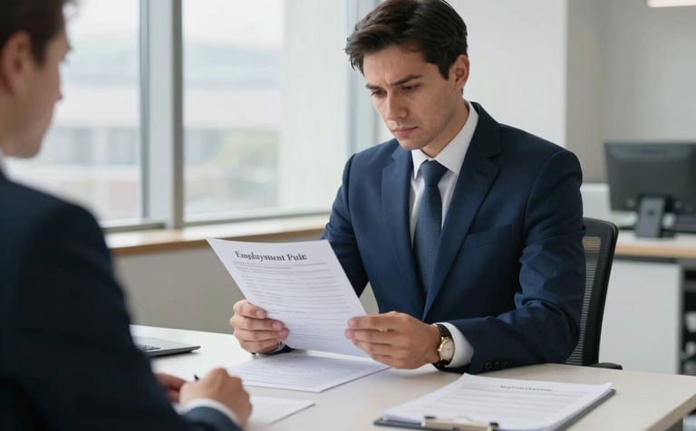 A sharp, high-contrast photograph of a professional corporate investigator in a deep navy blue suit reviewing employment records in a bright, minimal office with off-white furniture and soft steel blue daylight filtering through large windows.