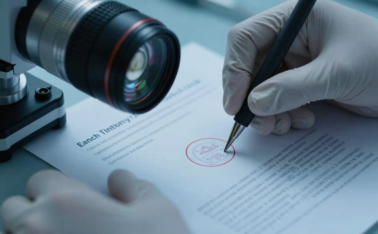 Macro photography of a forensic specialist's hands wearing gloves, using professional equipment to inspect a document's seal. The lighting is cool and clinical with steel blue and deep navy blue tones.