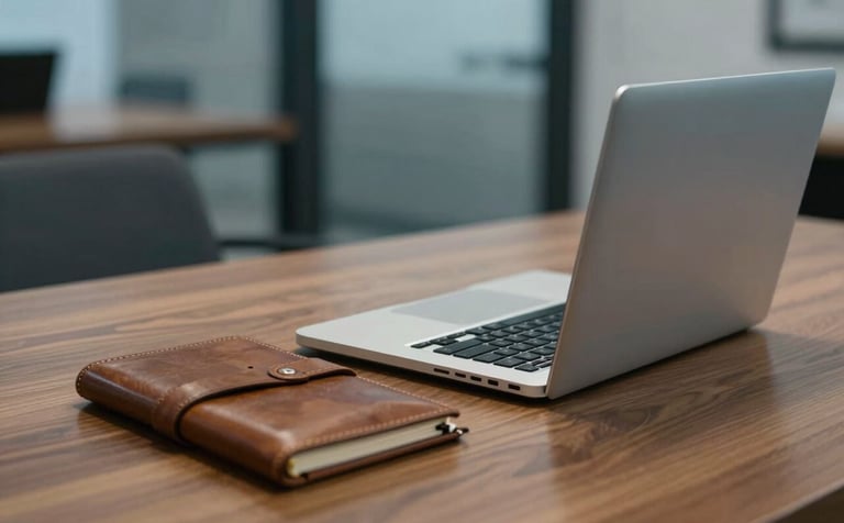 A focused shot of a modern laptop and leather notebook on a polished wood desk in a North American corporate setting, soft blue and grey tones in the background, sharp professional lighting.