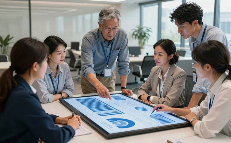 A collaborative team meeting in a North American corporate lounge, diverse professionals in business casual attire reviewing data on a digital screen, slate blue and white palette.