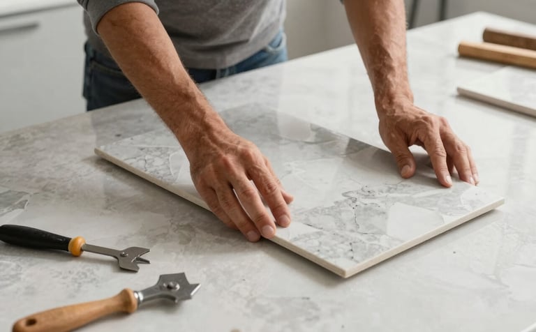 Photography of a skilled craftsman's hands carefully laying large mineral grey porcelain tiles in a modern French bathroom. The setting is clean and professional, with specialized tools visible. The color palette emphasizes off-white and grey tones with warm wood accents.