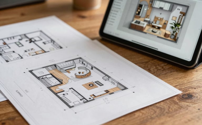 A close-up photograph of architectural blueprints and a digital tablet showing a 3D room model on a solid oak table. The lighting is warm and natural, suggesting a bright French office environment. Textures of high-quality paper and wood are visible, featuring a palette of deep brown and natural beige.