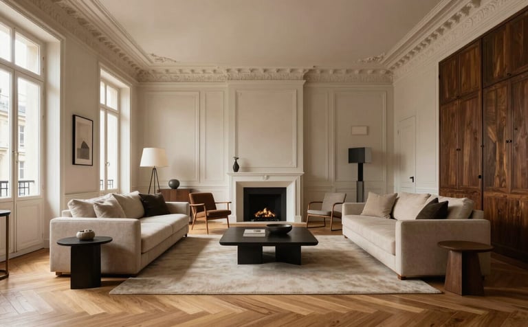 A wide photography shot of a luxuriously renovated Parisian living room. The space features herringbone wood flooring, high ceilings with restored white moldings, and contemporary minimalist furniture. The atmosphere is sophisticated and warm, using natural beige and deep brown tones.