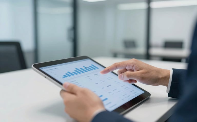 A focused close-up of a professional's hands pointing at data on a tablet. The setting is a clean, glass-walled office. Professional tones of #1A2C3D and #4B6584 are prominent in the composition. The aesthetic is results-driven.