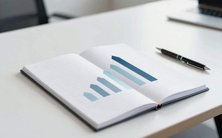 A professional setting featuring a minimalist meeting table with a growth chart and a clean notebook. The lighting is bright and modern, incorporating a color palette of #A7BBCB and #1A2C3D through subtle office accents. The style is clean and authoritative.