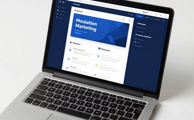 A top-down view of a sleek, dark aluminum laptop on a white surface, displaying a vibrant digital marketing dashboard. The image uses #4B6584 and #1A2C3D in the UI design on screen. The mood is strategic and high-tech.