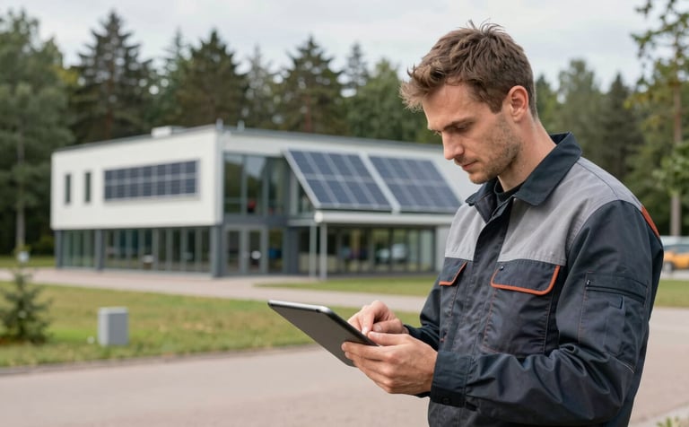 A professional engineer in technical attire reviewing a project on a digital tablet in a Northern European / Baltic outdoor environment. In the background, modern architecture with integrated solar elements stands against a backdrop of Muted Forest Green trees. The scene conveys innovation and successful long-term experience.