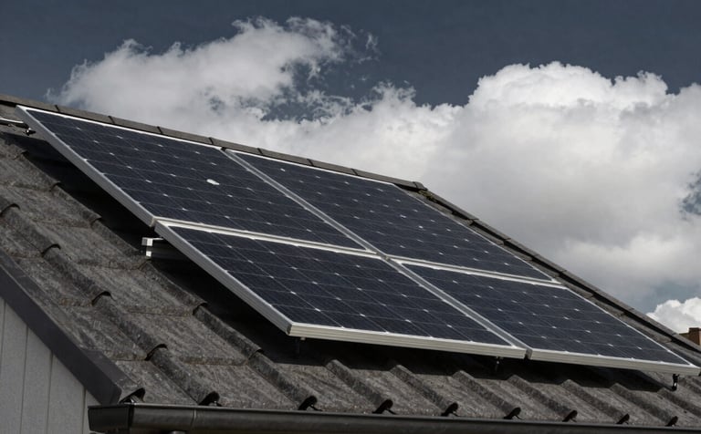 A close-up photograph of high-efficiency black solar panels being installed on a modern anthracite-colored roof. The lighting is bright and clear, highlighting the clean textures of the panels. Soft Arctic White clouds drift in a Deep Midnight Navy sky. Captured in a modern Northern European / Baltic residential setting.