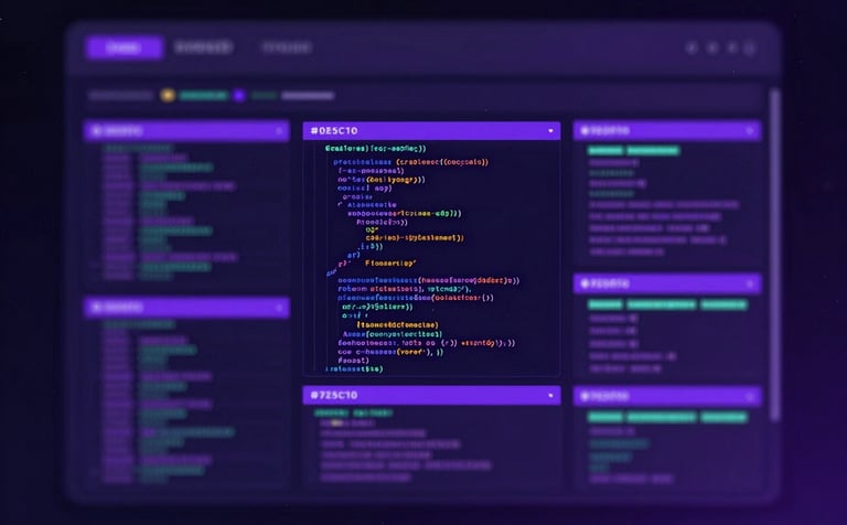A high-tech digital interface showing complex lines of code and data analytics dashboards. The scene is illuminated by soft glowing neon accents in #725DF0 purple against a deep #0E0C1F dark background. The style is clean, modern, and tech-focused, reflecting professional innovation.