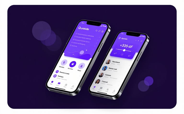 Two modern smartphones floating in a dark digital void (#0E0C1F), displaying innovative app interfaces with purple UI elements. Abstract geometric shapes in #3C306D and #725DF0 create a sense of depth. Clean, professional, and reliable style.