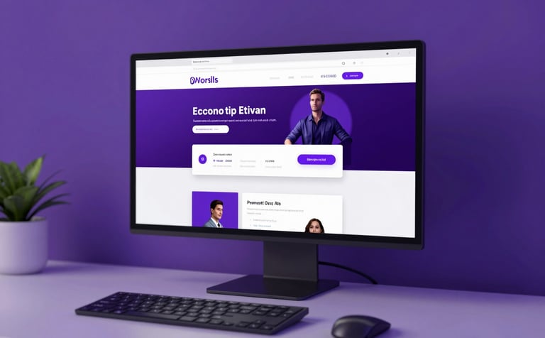 A modern workspace with a high-end monitor displaying a sleek e-commerce website layout with purple accents. The lighting is cinematic with deep purple shadows (#3C306D) and sharp highlights in #F0F0FF. Professional and authority-building atmosphere.