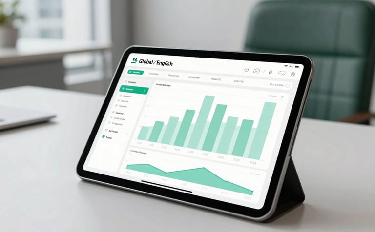 A close-up shot of a modern tablet displaying a custom information system dashboard with light green charts. The background features a sophisticated, minimalist office in a Global / English-speaking city, with soft focus on a white desk and dark green leather chair.