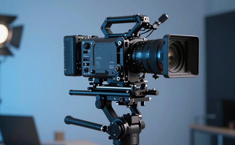 A sleek professional cinema camera on a precision gimbal stabilizer, positioned in a modern Northern European studio setting. The lighting is sophisticated with soft light blue and dark blue highlights, emphasizing technical excellence and a cinematic atmosphere.
